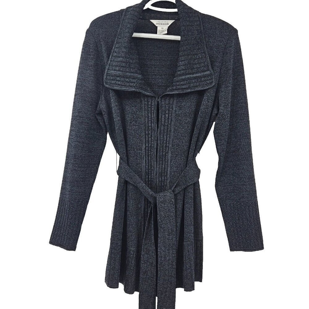 Misook Acrylic Knit Belted Longline Cardigan Heathered Gray Women’s Size XS